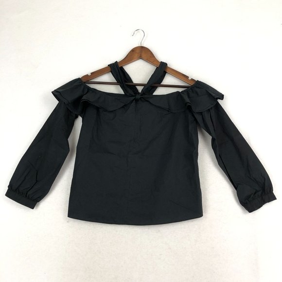J.Crew Women's Size 8 Black Halter Cold Shoulder 3/4 Sleeve 100% Cotton Blouse - Picture 1 of 12